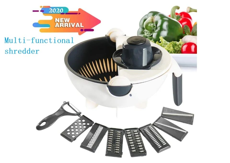 (Easter Sale) 9 in 1 Multifunction Magic Rotate Vegetable Cutter, shredder, chopper with Drain Basket, New Veggie Slicer Grater Shredder, Food Strainer Colander