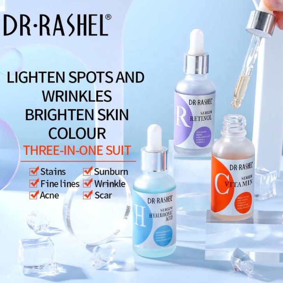3PCs Pack Serums - Dr. Rashel Vitamin C + Retinol + Hyaluronic Acid Complete Facial Set - Face Brightening Anti-aging Anti-wrinke Moisturizing Serum