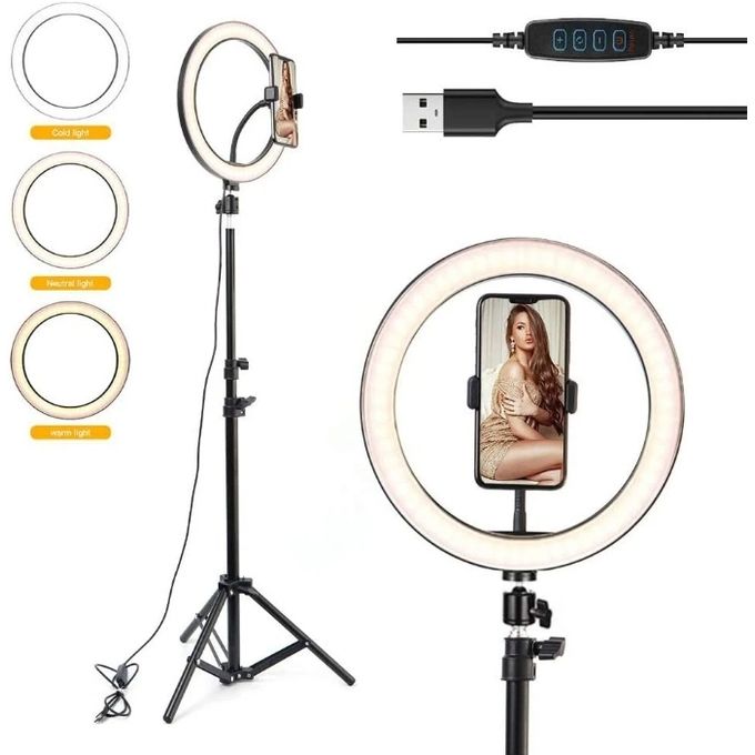 2.1M Tripod Stand with 10 Inch LED Ring Light- Dimmable Beauty Ringlight for Selfie Live Stream/Makeup/Youtube/Tiktok Video