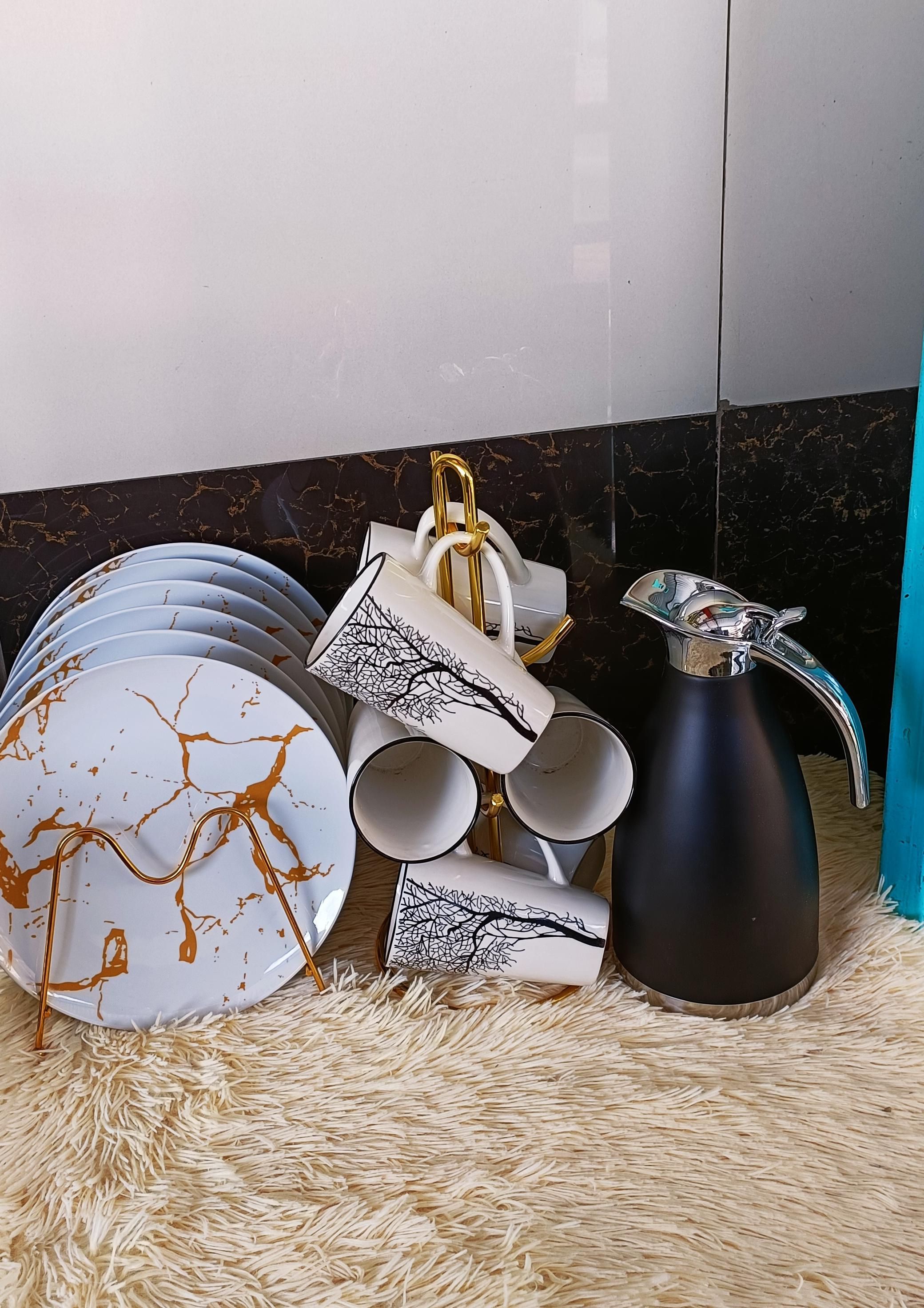 13Pcs  Ceramic  Dinner set; 6pcs dinner plates , 6 pcs Tea/Coffee  Mugs & 1 Thermo Flask + Cups Holder and Plates Holder