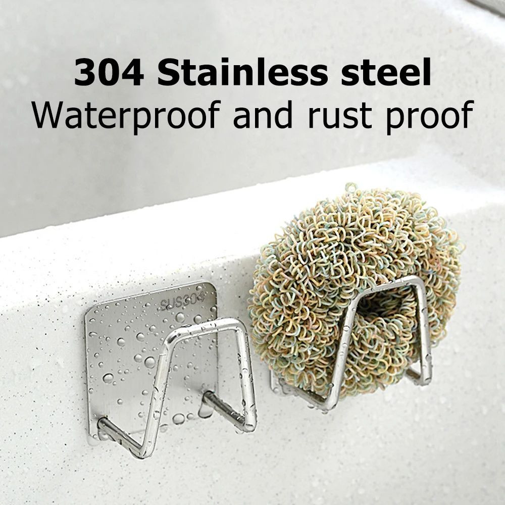 3pcs Kitchen Sponges Holder Stainless Steel Sink Shelf Adhesive Holders Drain Drying Rack Wall Hooks Accessories Storage Organizer
