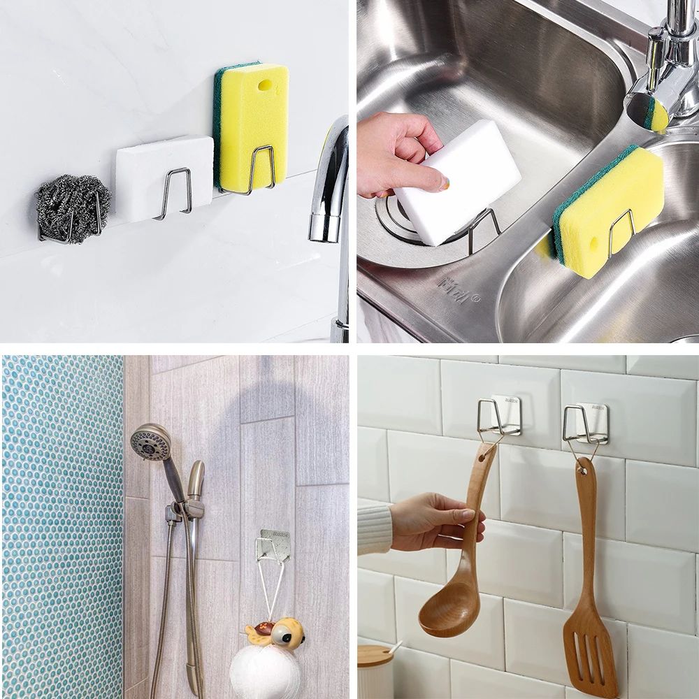 3pcs Kitchen Sponges Holder Stainless Steel Sink Shelf Adhesive Holders Drain Drying Rack Wall Hooks Accessories Storage Organizer