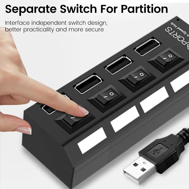 USB 2.0 Hub Multi USB Splitter Ports Hub Use Power Adapter4 Port Multiple Expander Hub with Switch 30CM Cable For Home