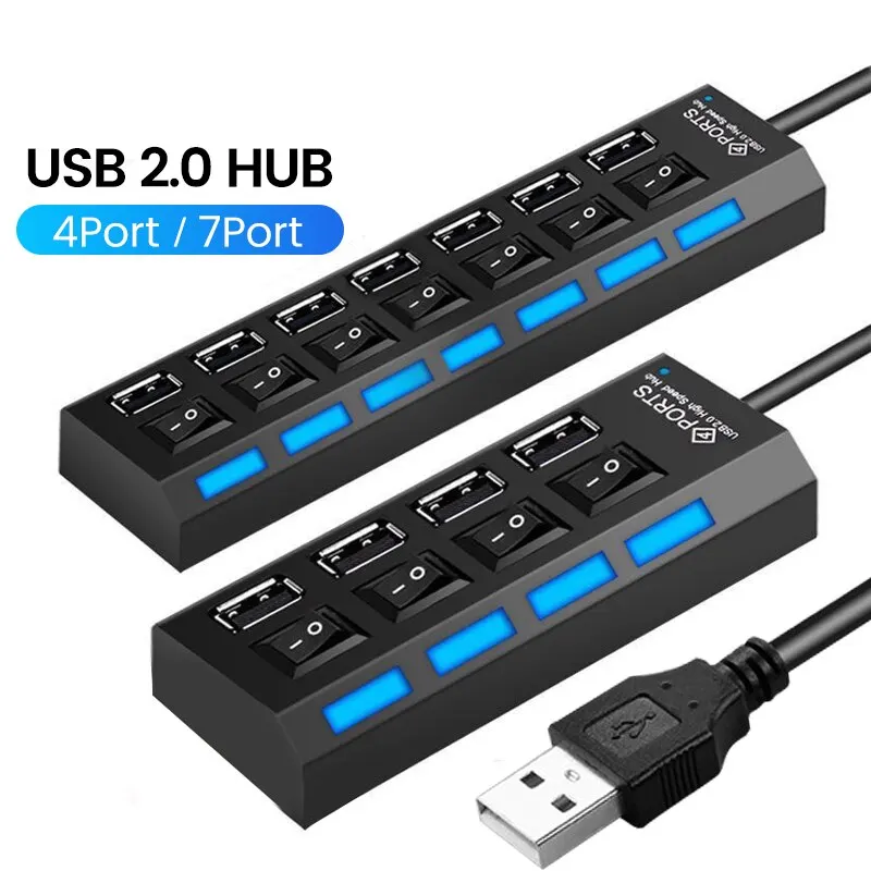 USB 2.0 Hub Multi USB Splitter Ports Hub Use Power Adapter4 Port Multiple Expander Hub with Switch 30CM Cable For Home