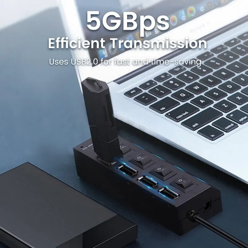 USB 2.0 Hub Multi USB Splitter Ports Hub Use Power Adapter4 Port Multiple Expander Hub with Switch 30CM Cable For Home