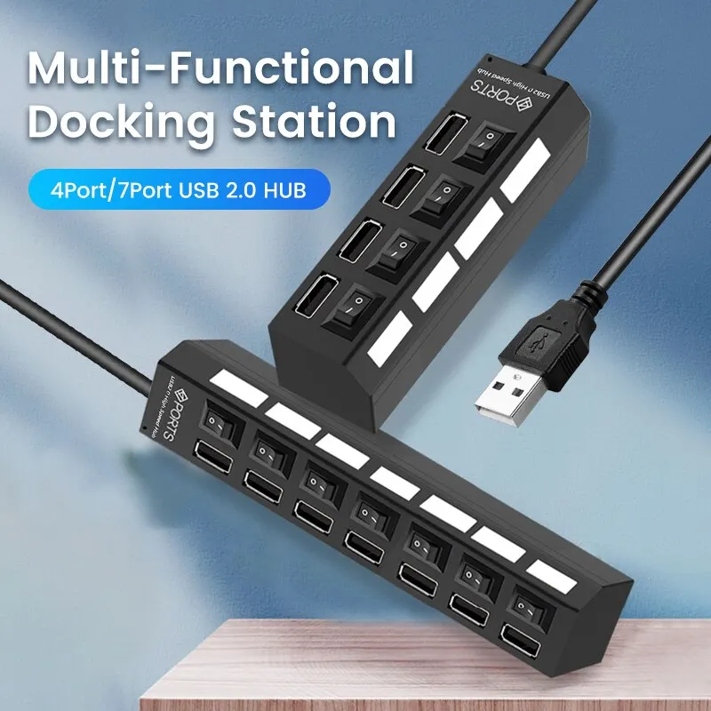 USB 2.0 Hub Multi USB Splitter Ports Hub Use Power Adapter4 Port Multiple Expander Hub with Switch 30CM Cable For Home