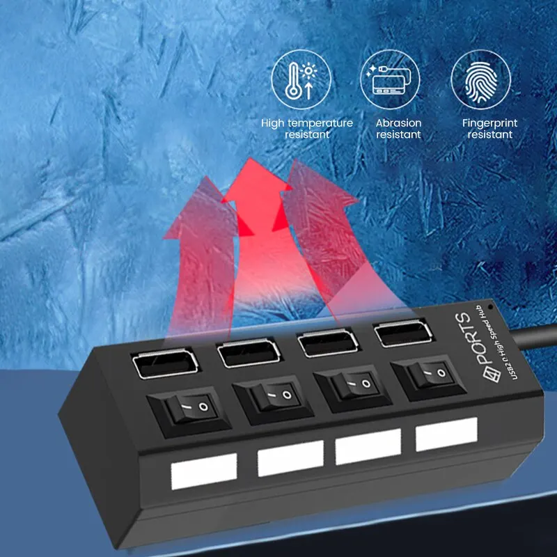 USB 2.0 Hub Multi USB Splitter Ports Hub Use Power Adapter4 Port Multiple Expander Hub with Switch 30CM Cable For Home
