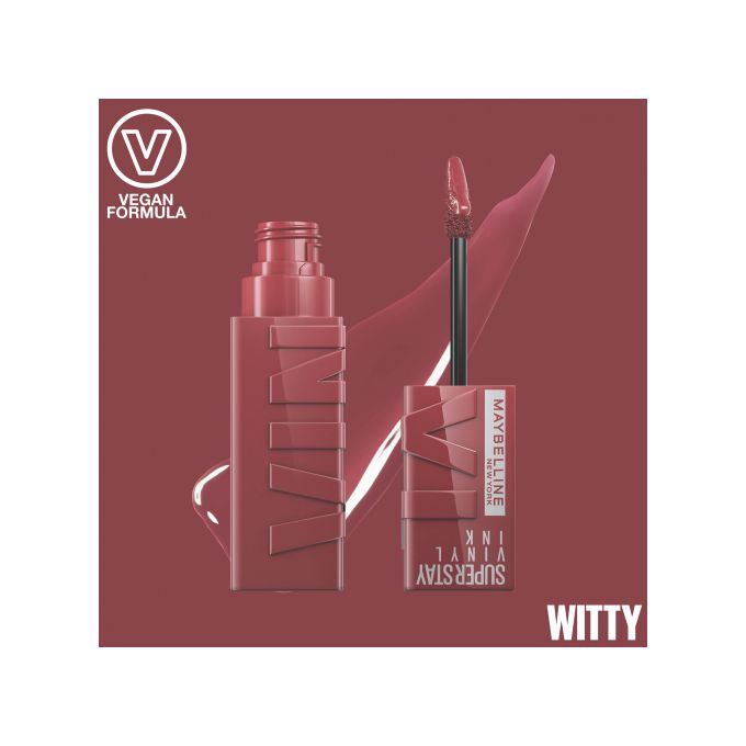 Maybelline Liquid Lipstick, High Shine Gloss, Lasts for 16 HRs, Enriched With Vitamin E & Aloe, SuperStay Vinyl Ink, Witty, High-Glossy