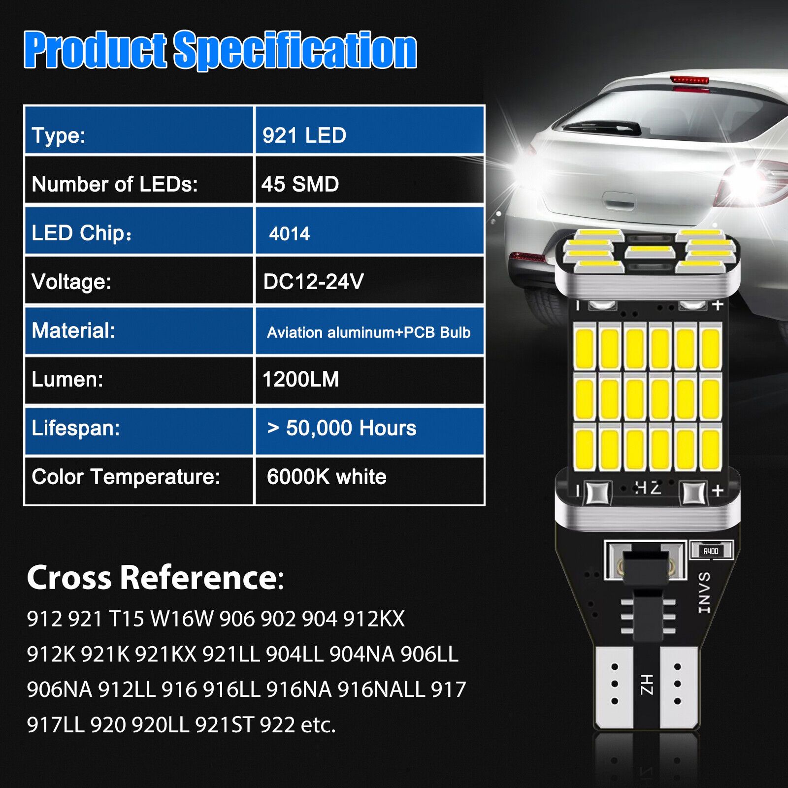 2x Signal Lamp T15 Led Super Bright W16W Led Bulbs 912 921 For Reverse Lamp Backup Parking Light 12V