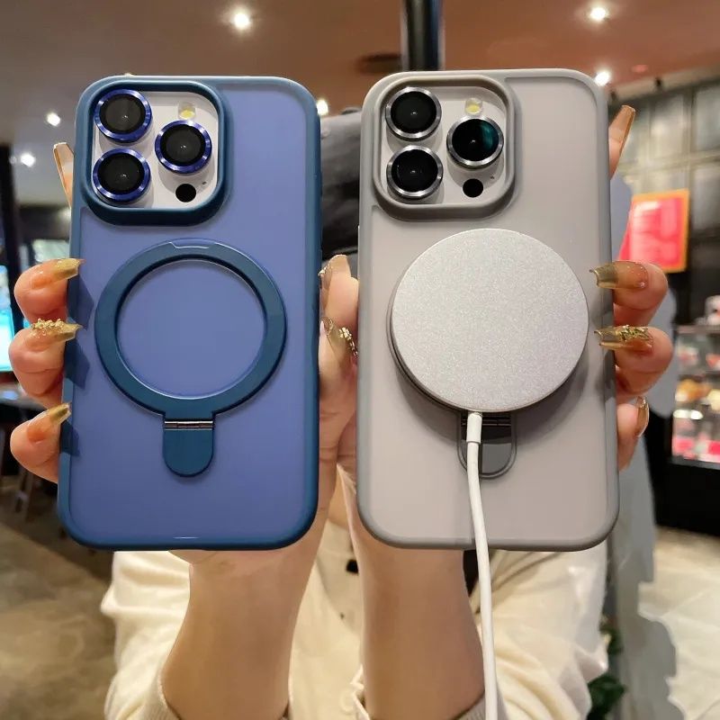 Metal Ring Stand Matte Magnetic Case for Magsafe IPhone 15 14 13 12 11 Pro Max Plus 15Pro i15 with Lens Protector Mac Safe Cover