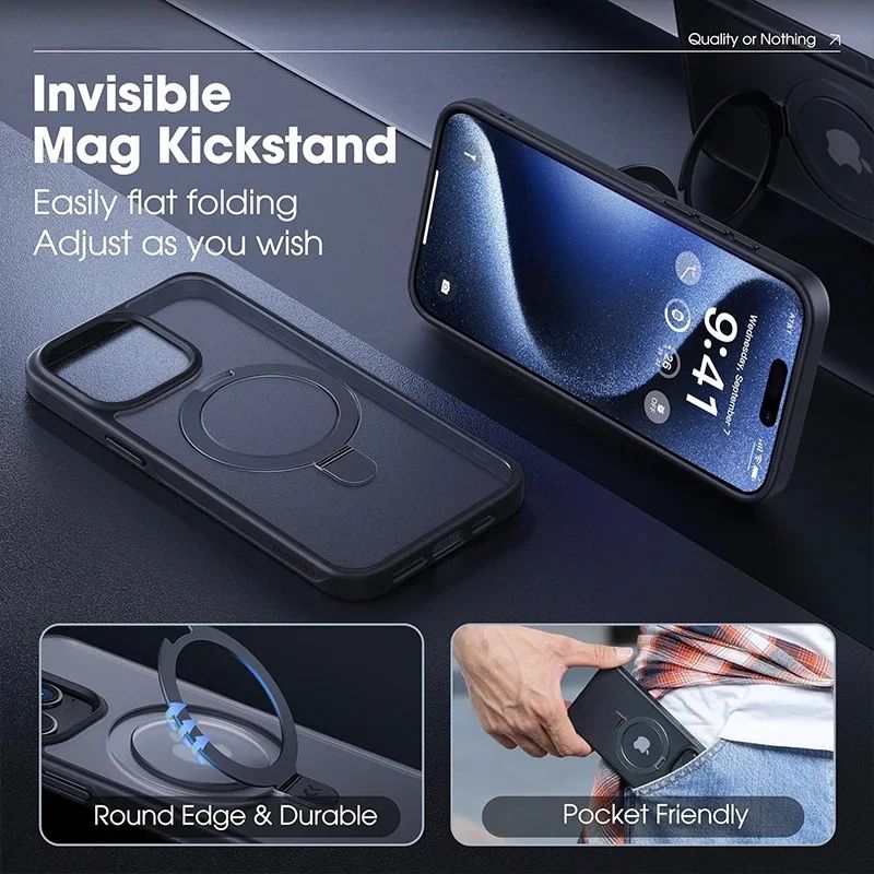 Metal Ring Stand Matte Magnetic Case for Magsafe IPhone 15 14 13 12 11 Pro Max Plus 15Pro i15 with Lens Protector Mac Safe Cover