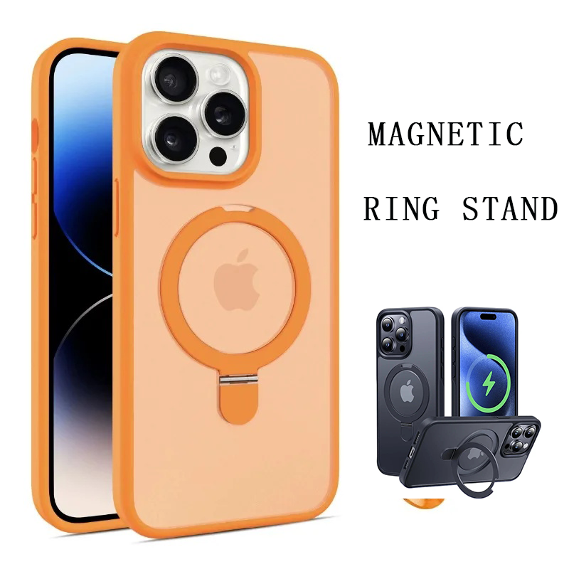 Metal Ring Stand Matte Magnetic Case for Magsafe IPhone 15 14 13 12 11 Pro Max Plus 15Pro i15 with Lens Protector Mac Safe Cover
