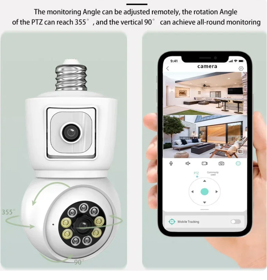 ICSEE 4K 4MP E27 Bulb WiFi Camera Dual Lens Dual Screen Auto Tracking Two Way Audio Color Night Vision Outdoor Security Camera