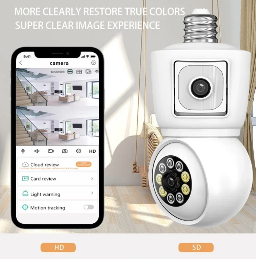 ICSEE 4K 4MP E27 Bulb WiFi Camera Dual Lens Dual Screen Auto Tracking Two Way Audio Color Night Vision Outdoor Security Camera