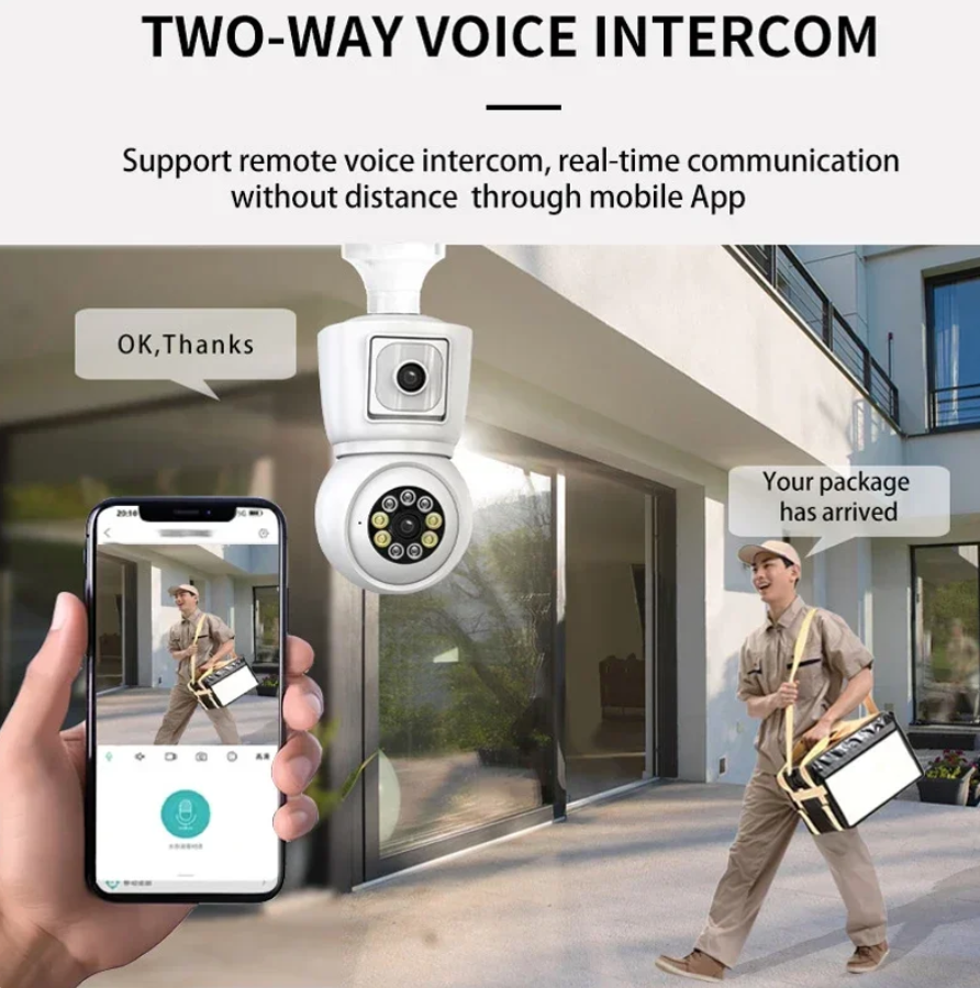 ICSEE 4K 4MP E27 Bulb WiFi Camera Dual Lens Dual Screen Auto Tracking Two Way Audio Color Night Vision Outdoor Security Camera