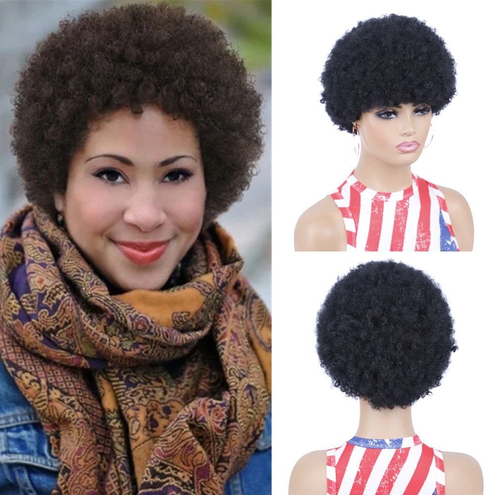 Synthetic Short  Afro Wigs For Women African Black Fluffy Soft Cosplay Natural Hair Afro Kinky Curly Wig With Bangs