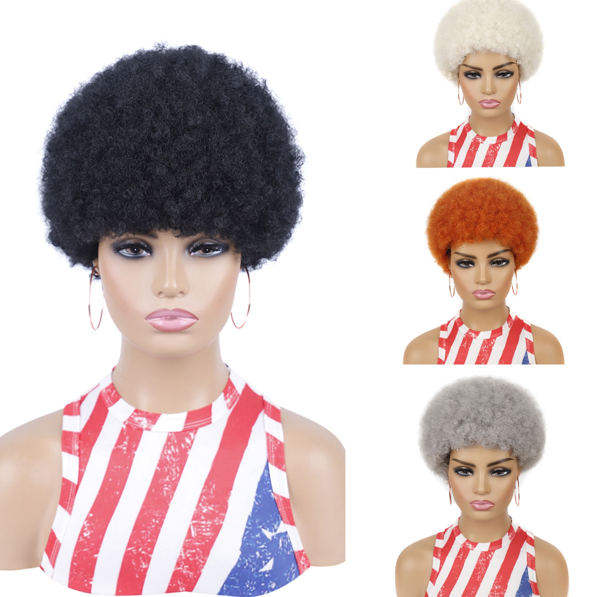 Synthetic Short  Afro Wigs For Women African Black Fluffy Soft Cosplay Natural Hair Afro Kinky Curly Wig With Bangs