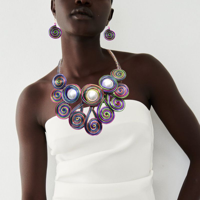 Fashion Handmade Aluminium Wire Imitation Pearl Flower Necklace Earrings Set Decorations 3 Pieces