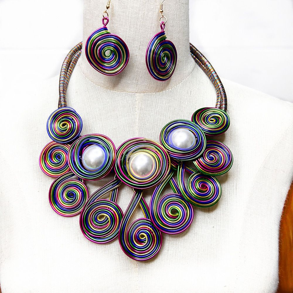 Fashion Handmade Aluminium Wire Imitation Pearl Flower Necklace Earrings Set Decorations 3 Pieces