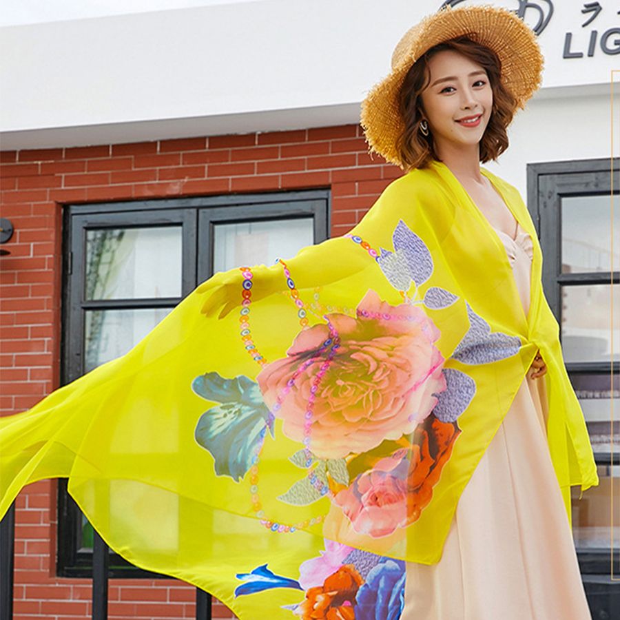 Chiffon Silk Scarf Fashion Thin Section Sunscreen Long Scarf Printed Beach Towel
