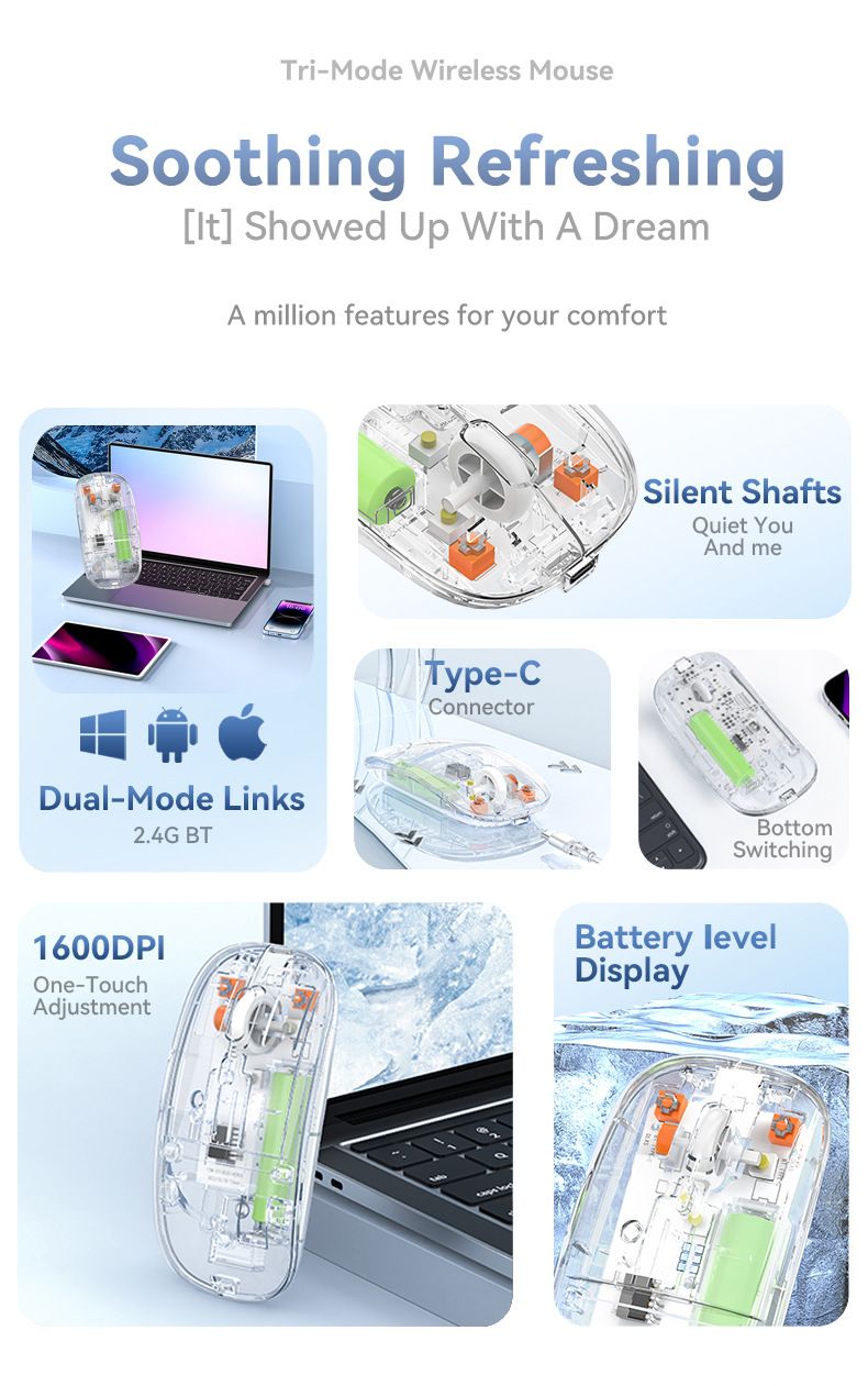 New Transparent Charging Wireless Mute Bluetooth Mouse Tablet Notebook Office home 2.4G wireless tour Mice  Computers & Accessories