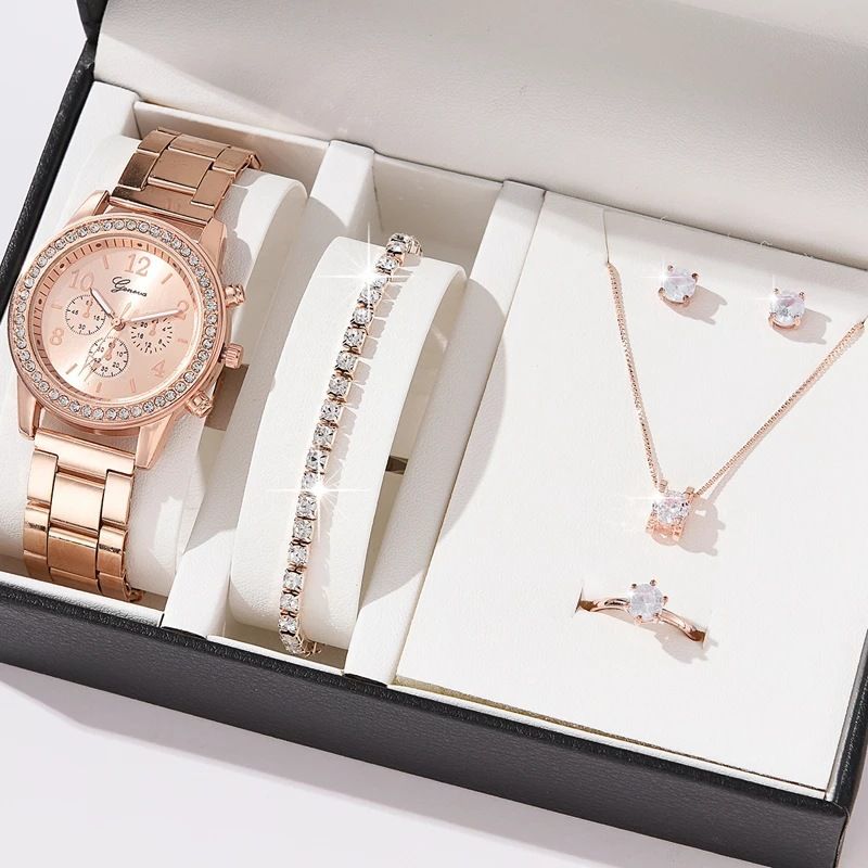 5pcs/set Women's casual quartz watch Jewelry Women's Diamond Watch Ring Necklace Earrings Bracelet Set Wristwatch Female Casual Ladies Quartz Watches  Rose Gold