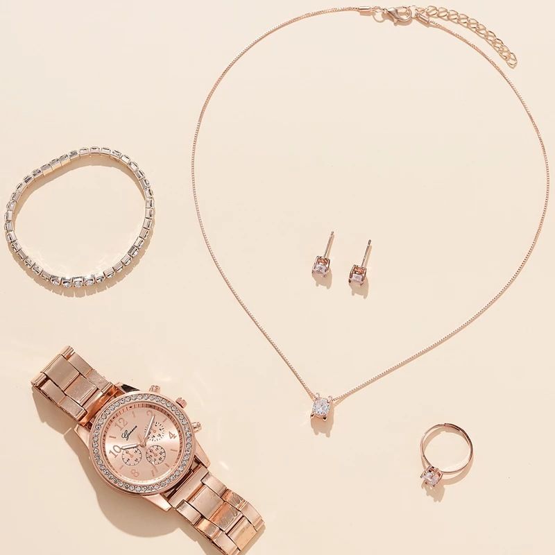 5pcs/set Women's Casual Quartz Watch Jewelry Women's Diamond Watch Ring Necklace Earrings Bracelet Set Wristwatch Female Casual Ladies Quartz Watches
