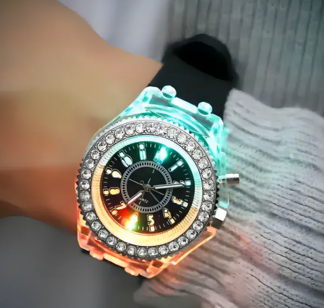 Glow-in-the-dark Watches For Men And Women Personality Rhinestone Led Fashion Male And Female Wrist Watch Student Couple Jelly Quartz Watch Black