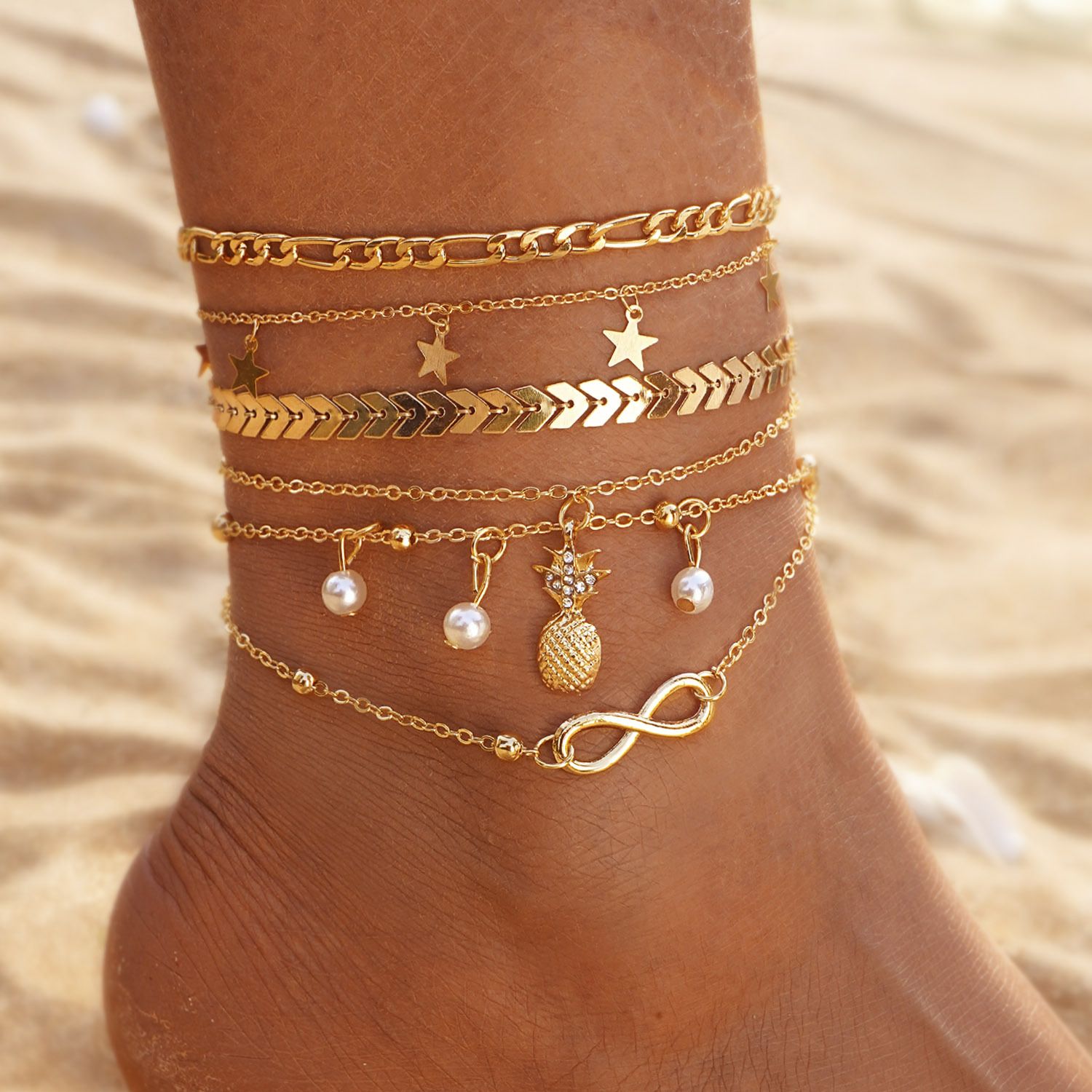 Women's Charm Anklet Set Gold Multilayer Adjustable Ankle Bracelets Boho Beach Foot Anklet for Women Girls
