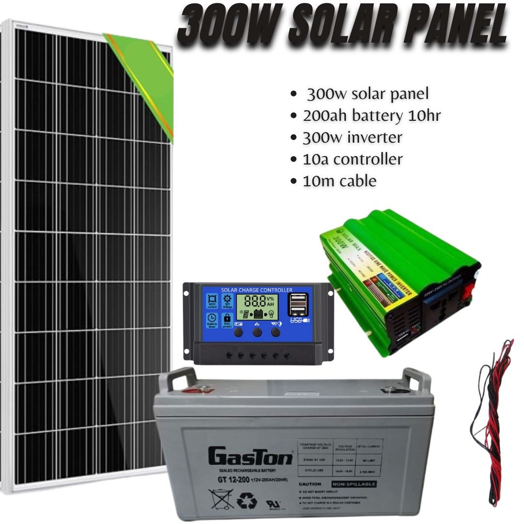 300W Solar Panel Kit with 200Ah Battery, 300W Inverter & 10A Controller – Complete Off-Grid Power Solution