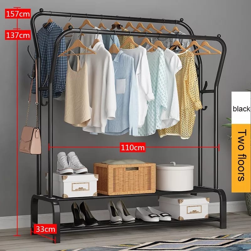 Double pole cloth rack with lower storage for shoes and boxes