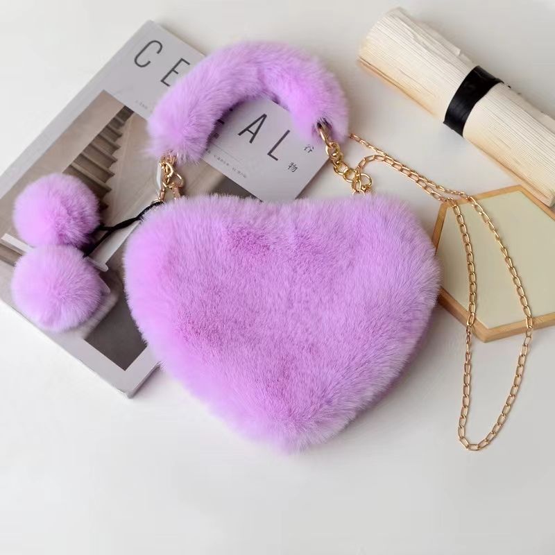 New Plush Love Handbag Crossbody Bag Fashion Peach Heart Chain Bag Single Shoulder Bag Crossbody Bag Heart shaped Bag Gifts to Girlfriends Purple