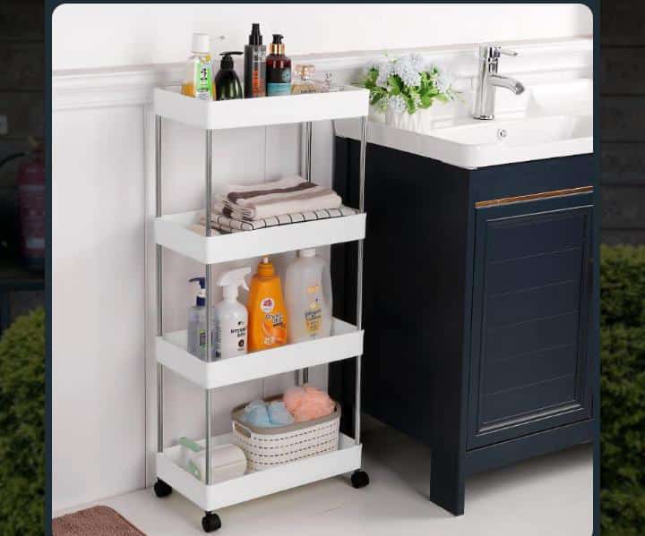 4-Layer Storage rack  With Wheels;
Ideal for bathrooms, kitchen, garage, closet, laundry rooms, offices or in-between your washer and drye