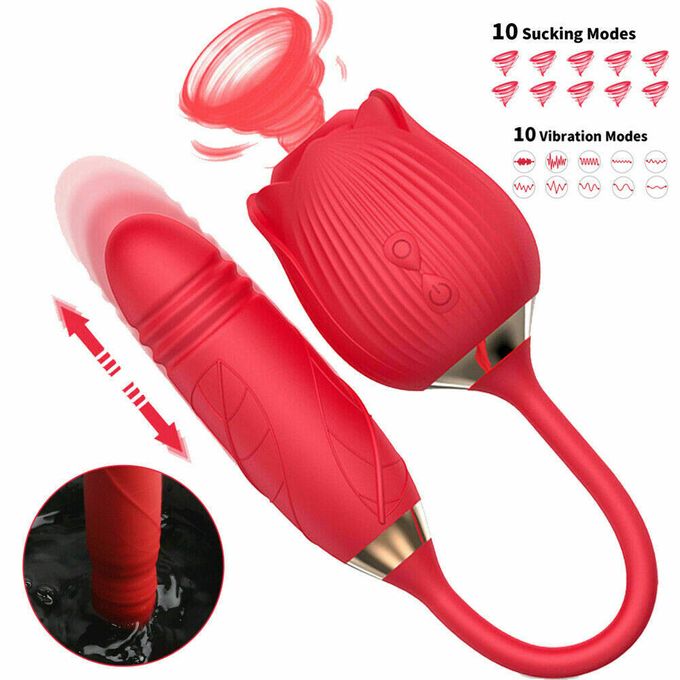 Rose Sucking Vibrator DUAL Stimulator Dildo Sex Toy Clitoris NIPPLE SUCKER Thrusting Dildo - Women