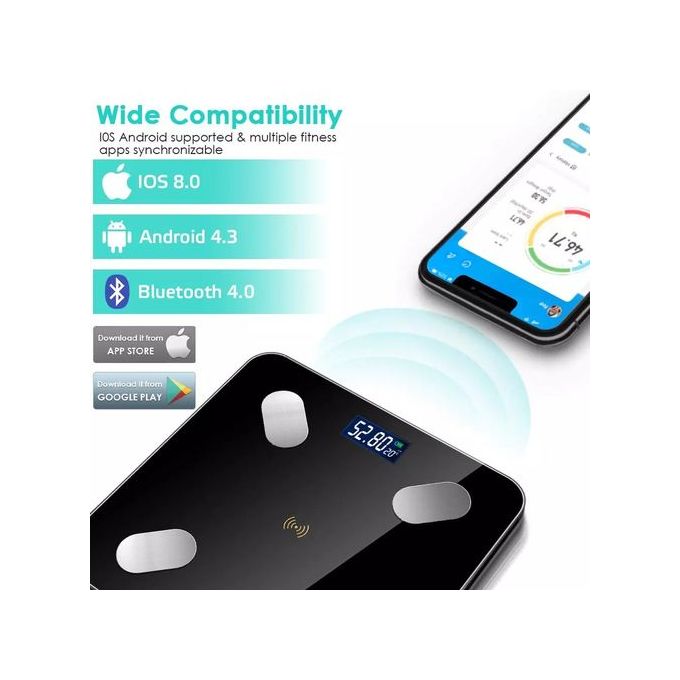 Wireless Intelligent Digital Bathroom Tempered Glass Platform BMI Scale, Body Fat Scale, Body Composition Analyzer with Smartphone Application and Bluetooth