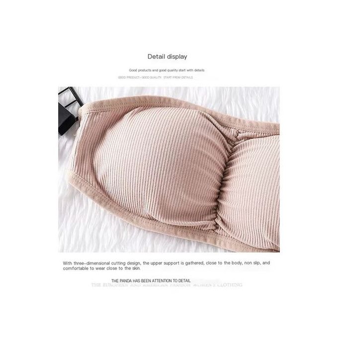 Women Strapless Ruched Push Up Bra Padded Hollow Out Backless Wireless Underwear Bandeau Thread Ribbed Adjustabable Bralette khaki