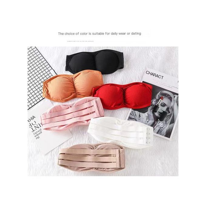 Women Strapless Ruched Push Up Bra Padded Hollow Out Backless Wireless Underwear Bandeau Thread Ribbed Adjustabable Bralette khaki