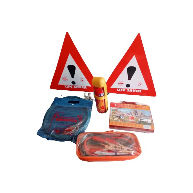 Car Safety Kit 5 in 1 - Life Saver Triangles , Fire Stop Extinguisher, First Aid Kit ,Jumper Cables & Towing Rope