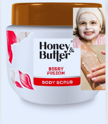 HONEY & BUTTER BERRY FUSION BODY SCRUB- ntural Berry Scrub gently buffs away dead skin cells to reveal a more even, clear complexion for a radiant glow.It nourishes and revitalizes skin.