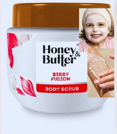 HONEY & BUTTER BERRY FUSION BODY SCRUB- ntural Berry Scrub gently buffs away dead skin cells to reveal a more even, clear complexion for a radiant glow.It nourishes and revitalizes skin.