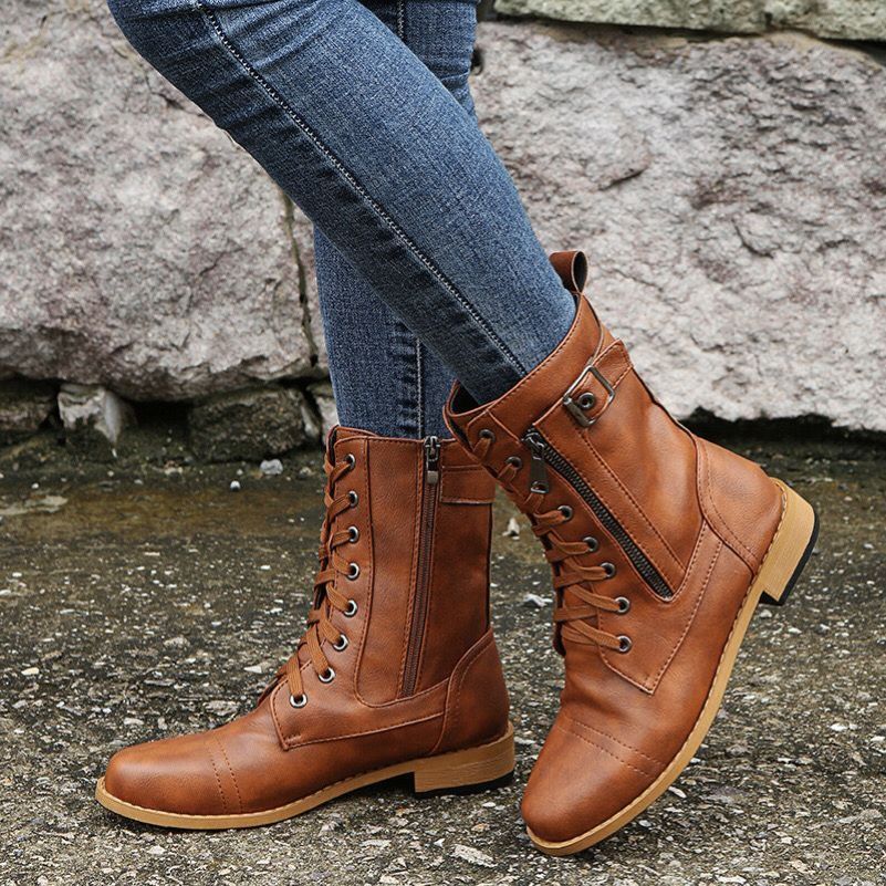 RESTOCKED Fashion Round Side Zipper Women's Biker Boots Lace-up Casual Shoes Chunky Heel Solid Document Parker Boots