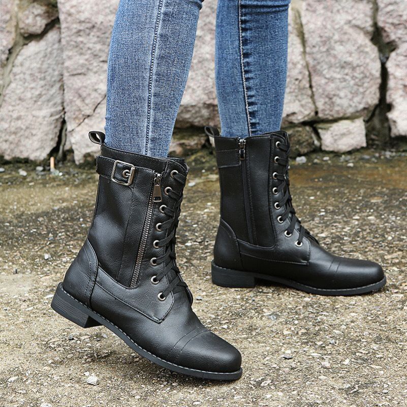 RESTOCKED Fashion Round Side Zipper Women's Biker Boots Lace-up Casual Shoes Chunky Heel Solid Document Parker Boots
