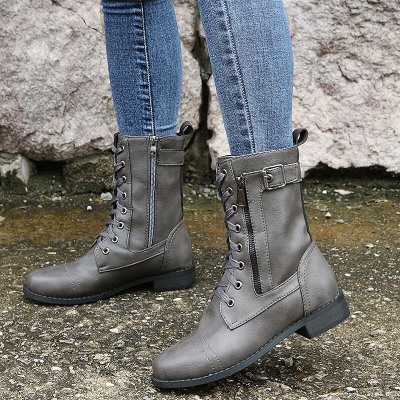 RESTOCKED Fashion Round Side Zipper Women's Biker Boots Lace-up Casual Shoes Chunky Heel Solid Document Parker Boots
