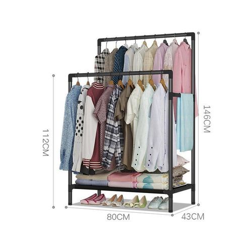 Double pole clothing rack with lower storage shelf for boxes and shoes