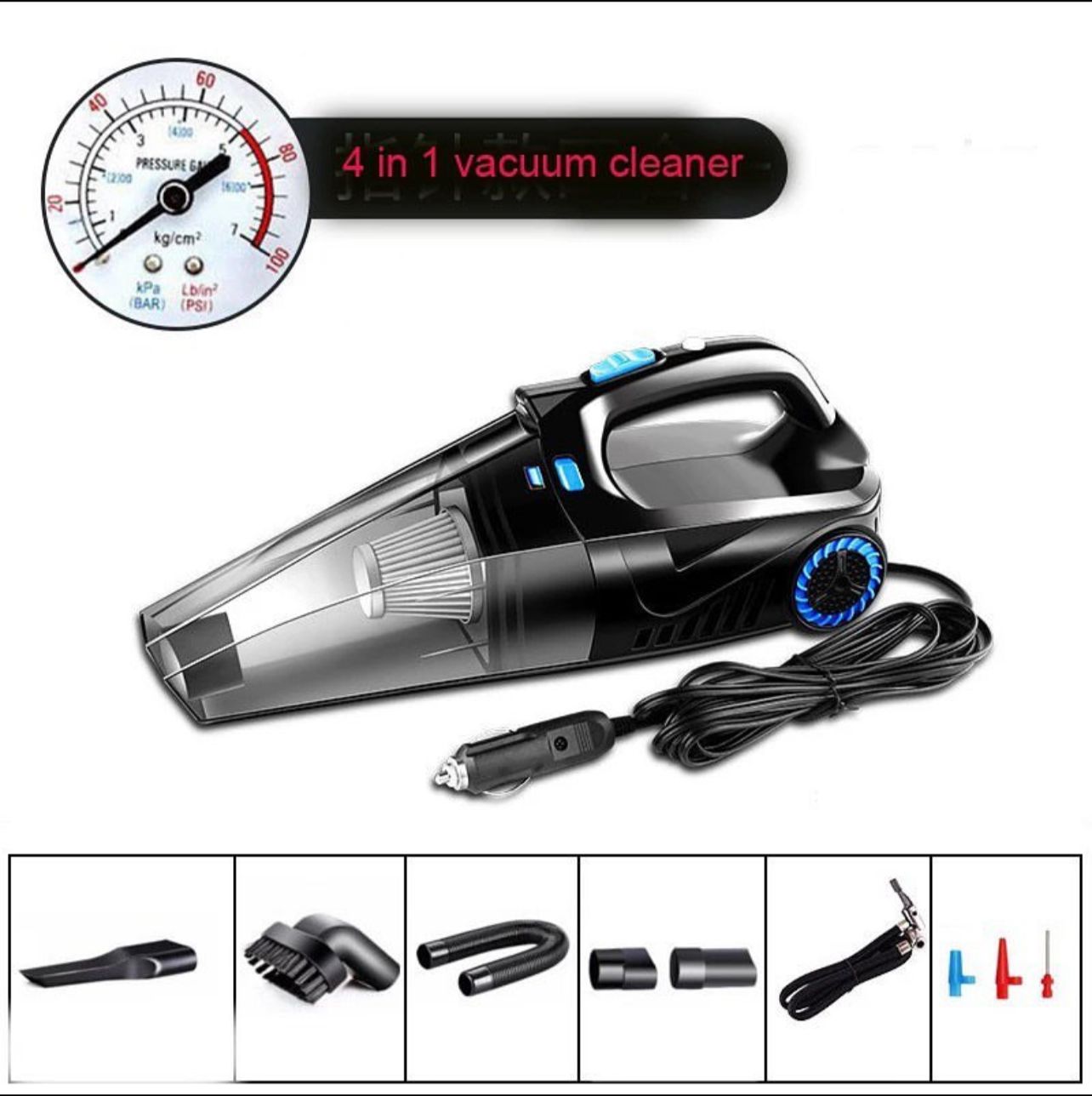 4-1 portable handheld car vacuum cleaner for both wet and dry with led light and car tire inflator pump