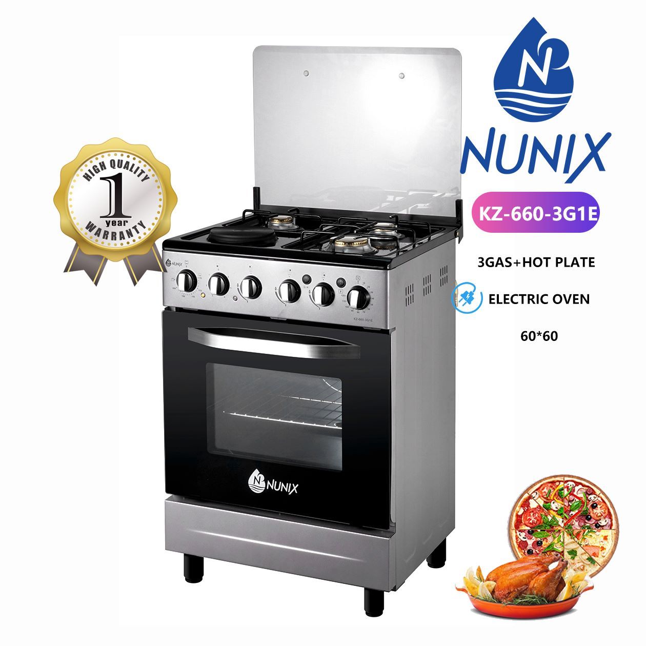 Nunix FREE Standing Cooker, 60 CM BY 60 CM  BY 84 CM 3 Gas+1 Hot Plate with Electric Oven, AUTO-IGNATION WITH TIMER