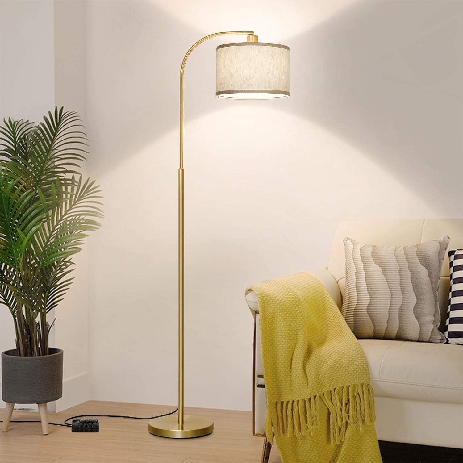 Arc floor lamps for living room,mid century modern black Standing tall lamp with non Adjustable Hanging Drum Shade with Foot Switch,for Over Couch Arched Reading Light Bedroom Office with 9W LED Bulb