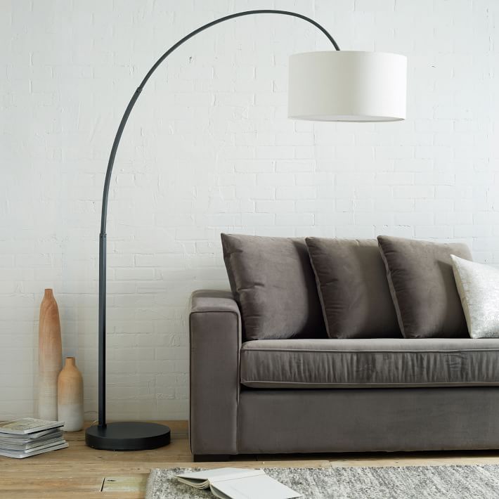Arc floor lamps for living room,mid century modern black Standing tall lamp with non Adjustable Hanging Drum Shade with Foot Switch,for Over Couch Arched Reading Light Bedroom Office with 9W LED Bulb