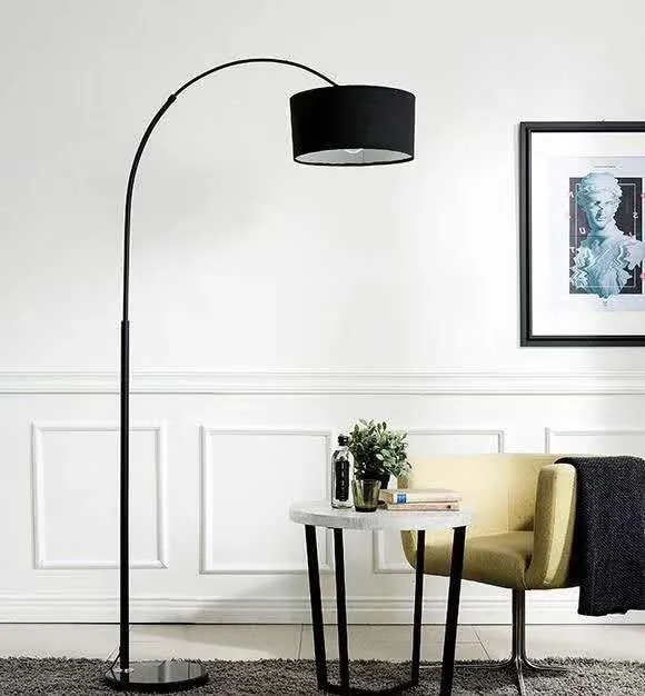 Arc floor lamps for living room,mid century modern black Standing tall lamp with non Adjustable Hanging Drum Shade with Foot Switch,for Over Couch Arched Reading Light Bedroom Office with 9W LED Bulb