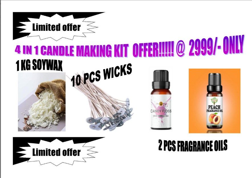 OFFER!! 4 IN 1 CANDLE MAKING KIT/HOME AND KITCHEN/ARTS,CRAFTS/CANDLE MAKING KIT ESSENTIAL/2PCS FRAGRANCE OIL/SOY FLAKES 1KG/PRETUBBED ECO WICK 10 PCS